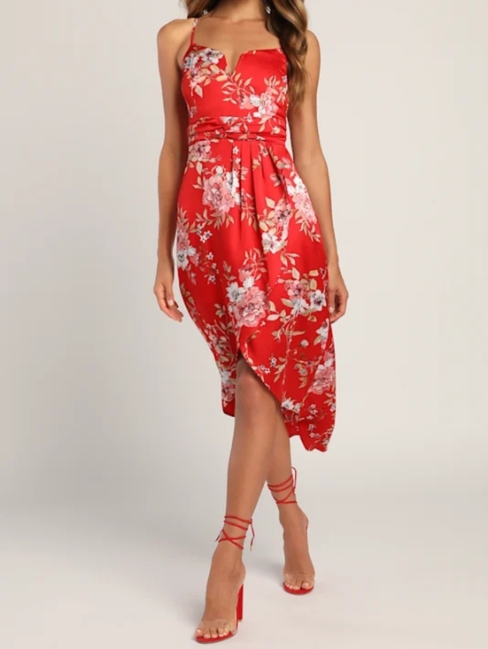 Lulus Dresses & Skirts - Lulus My Favorite Day Red Floral Print Faux-Wrap Tulip Skirt Midi Dress XS NWT!